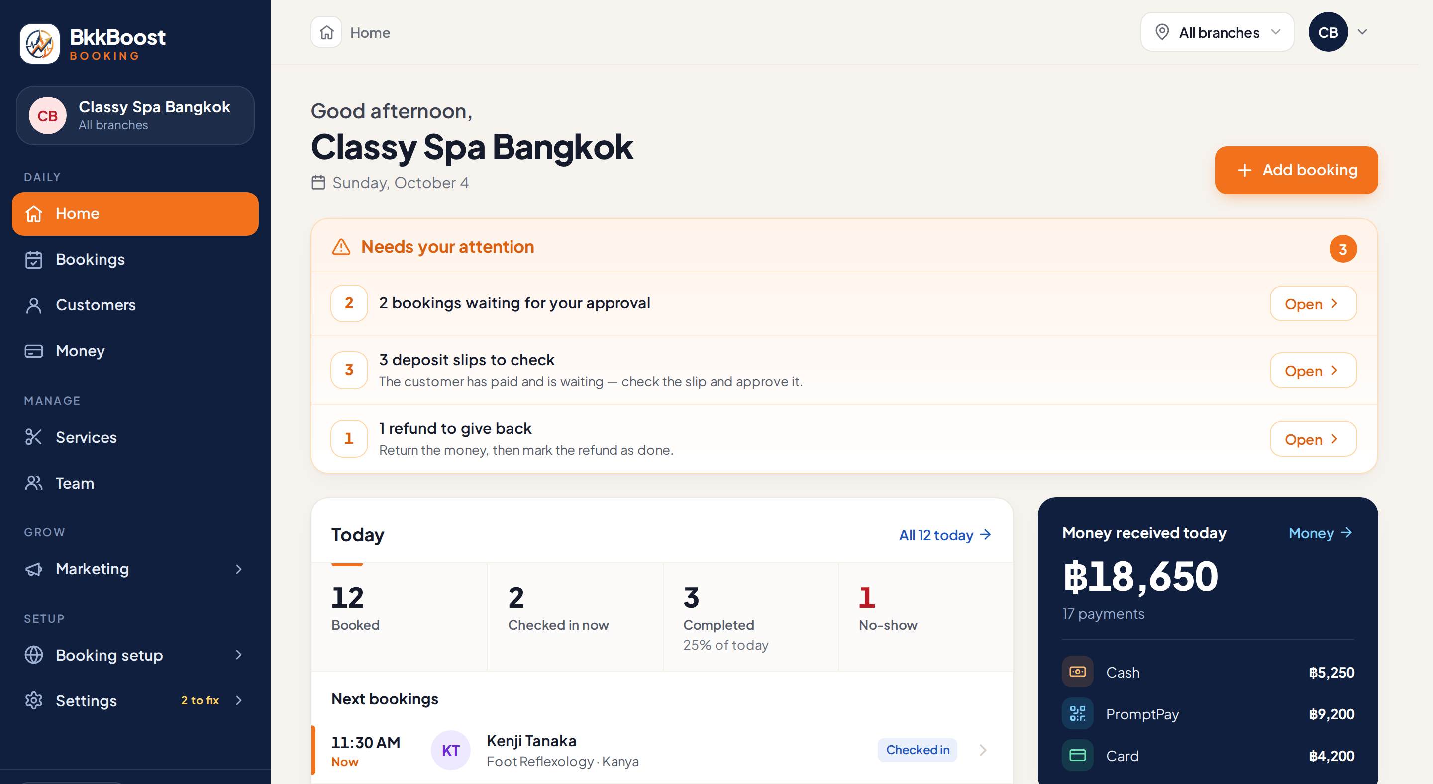 BkkBoost Booking admin home — what needs your attention, today's bookings, check-ins and no-shows, money received today by payment method, and the next bookings