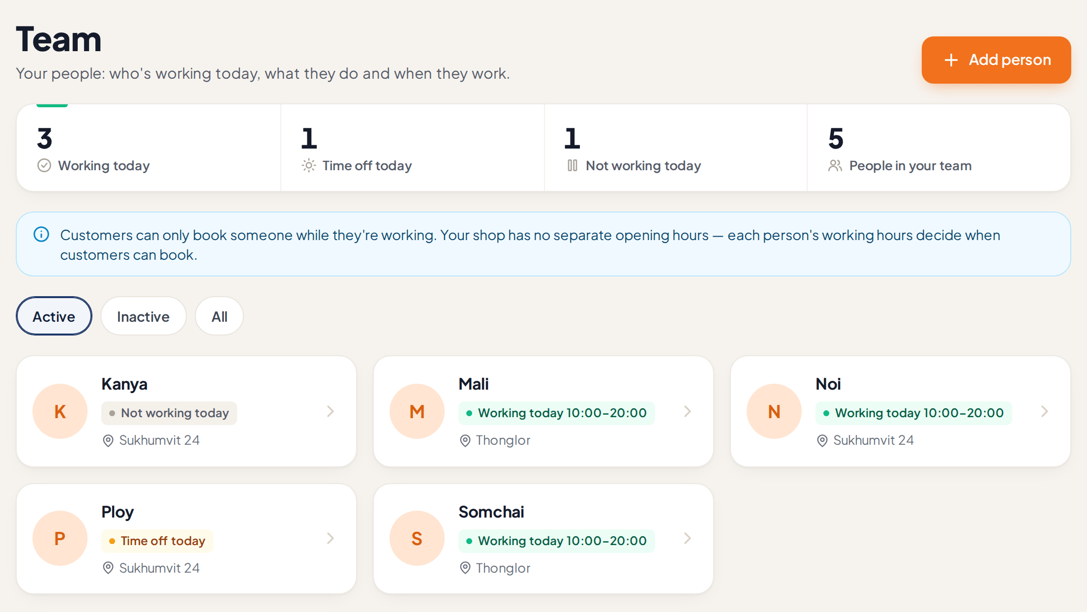 Team page in the admin panel — who is working today and their hours, who has time off, and links to working hours and time off