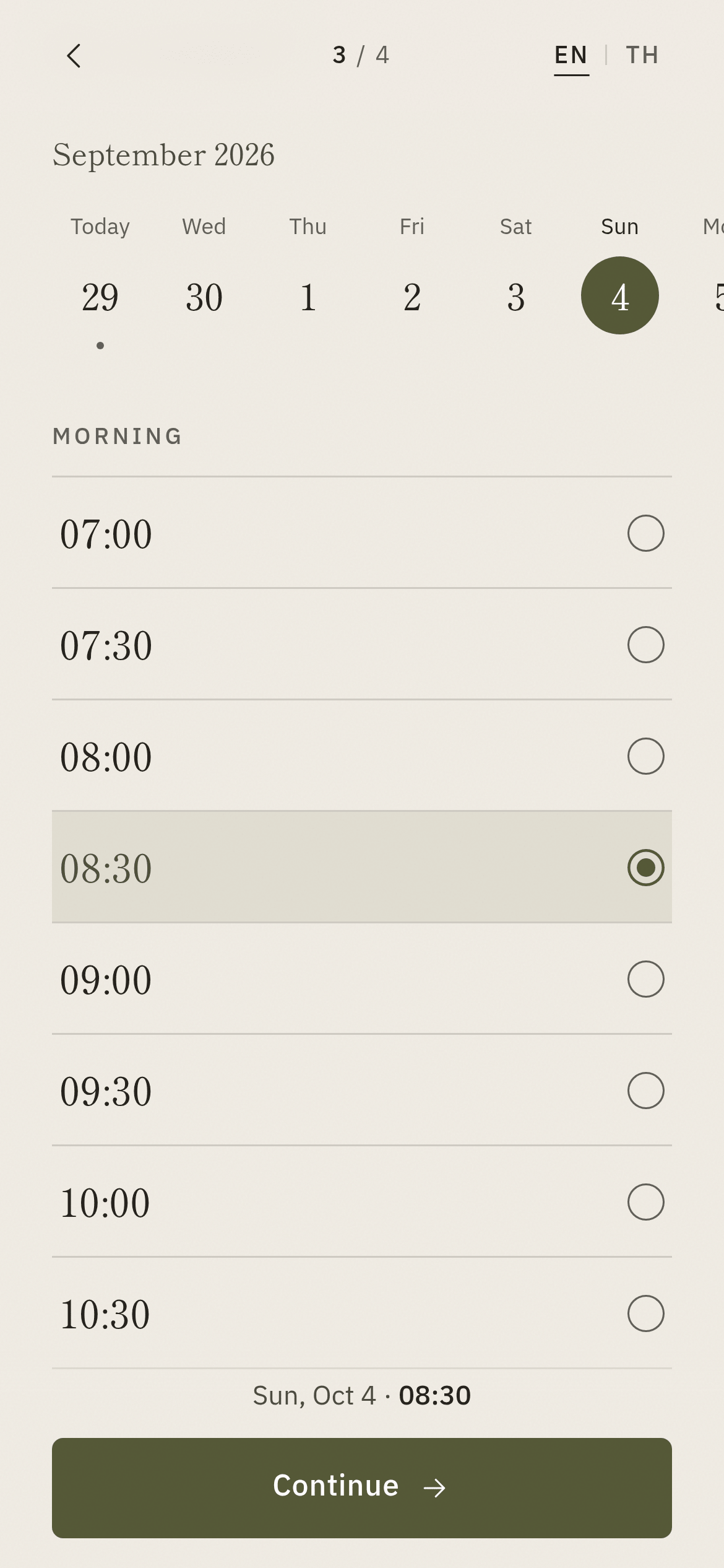 BkkBoost Booking at the Still Pilates Studio demo — a date strip and the available morning times