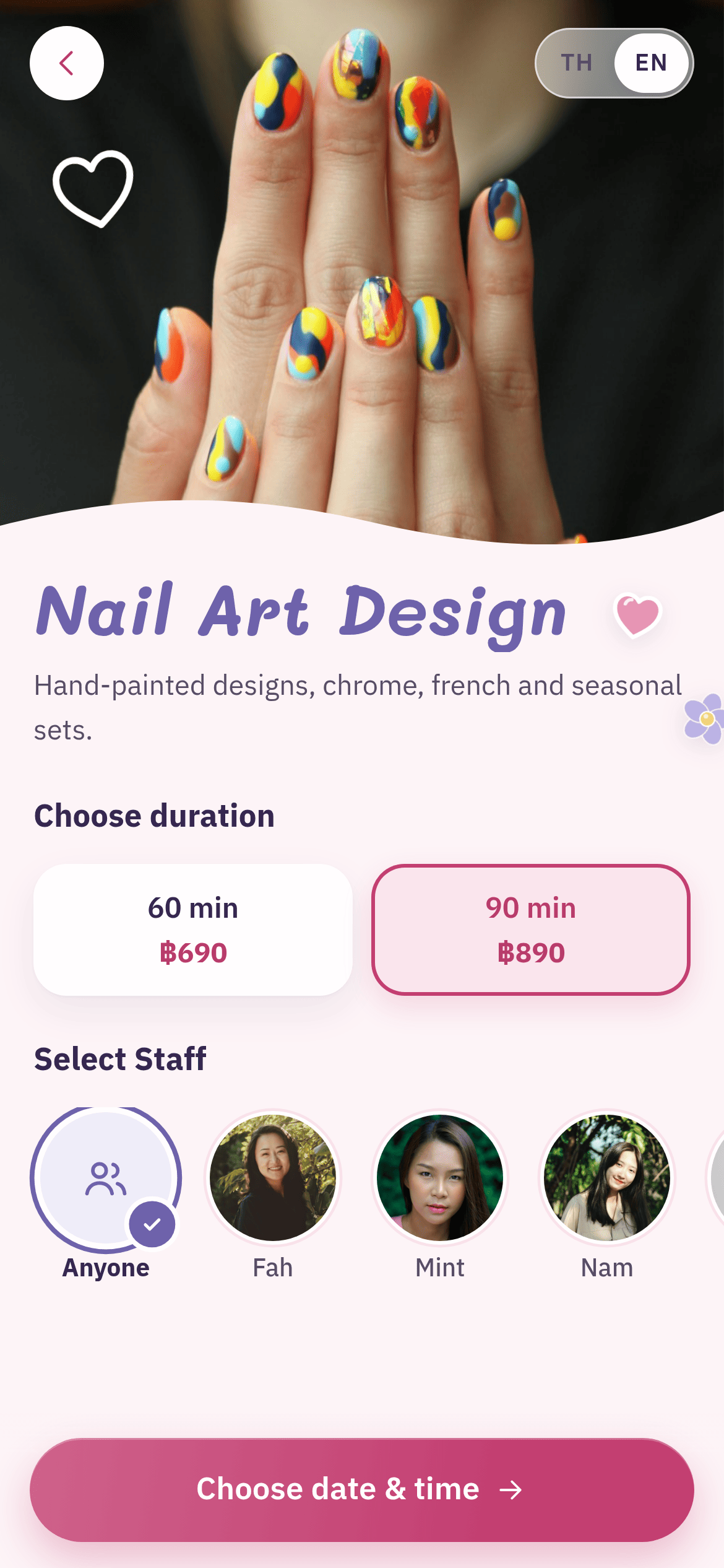A customer choosing a service, its length and a staff member on their own phone