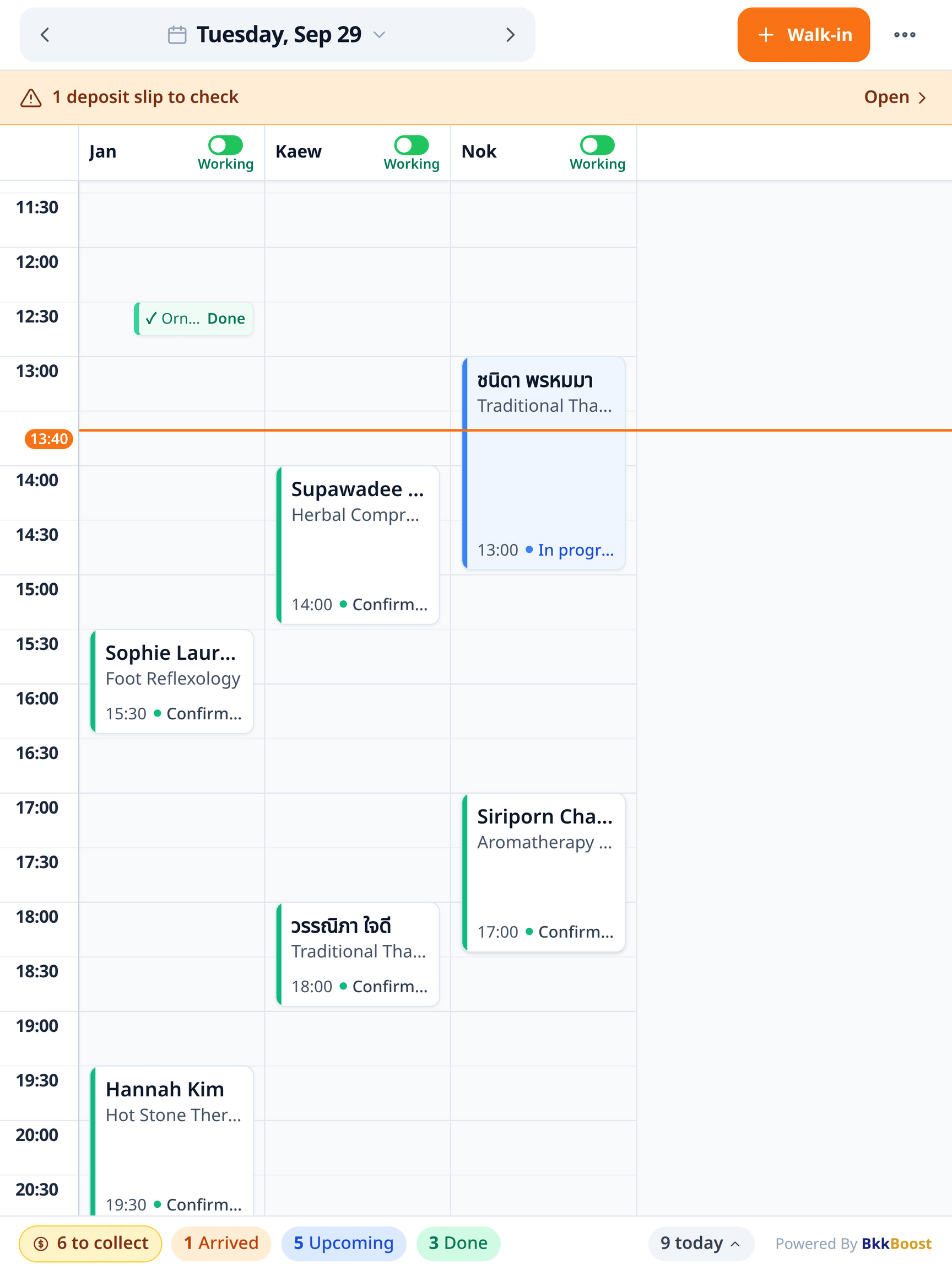 The BkkBoost Booking staff schedule showing three staff members and their appointments
