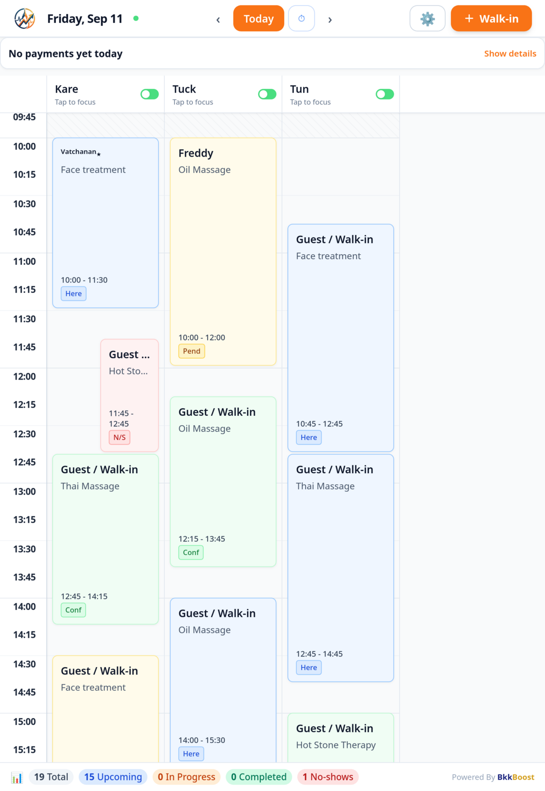 ตารางงานพนักงานใน BkkBoost Booking แสดงนัดทั้งหมดของวันแยกตามพนักงาน