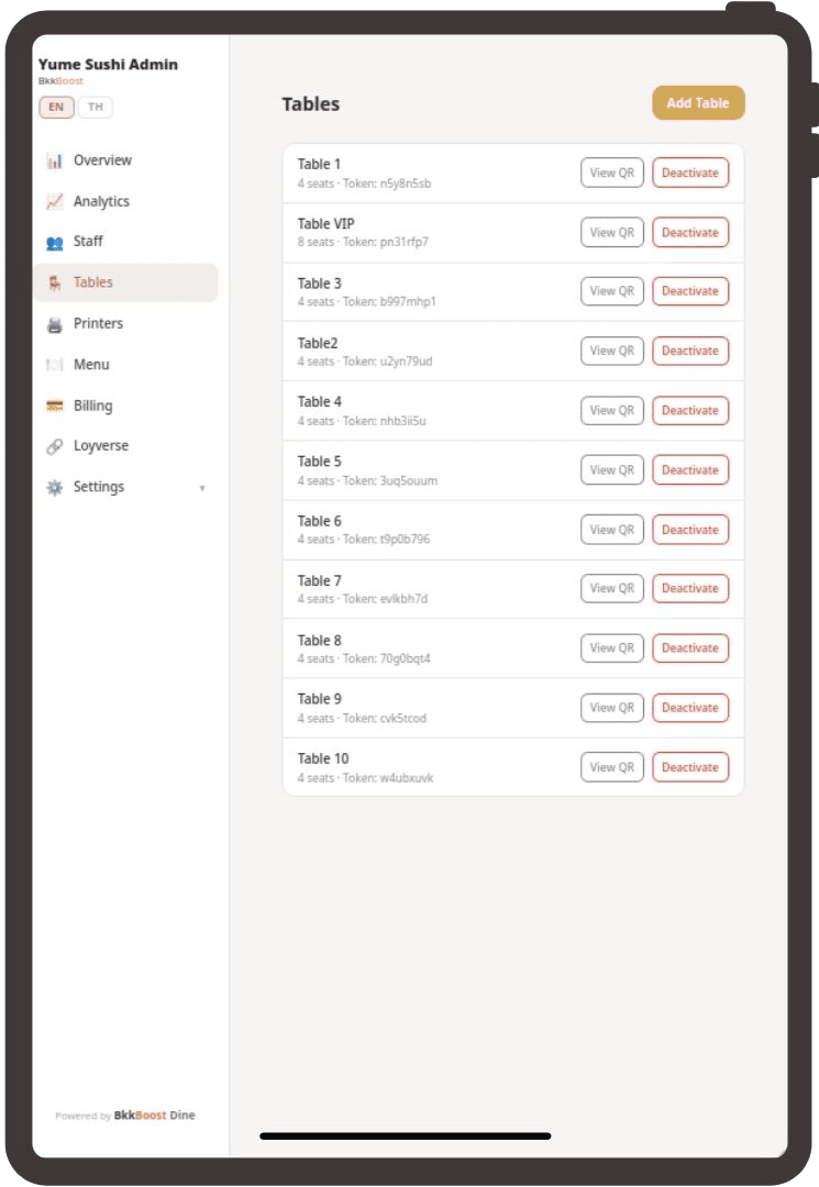 BkkBoost Dine — admin panel on tablet