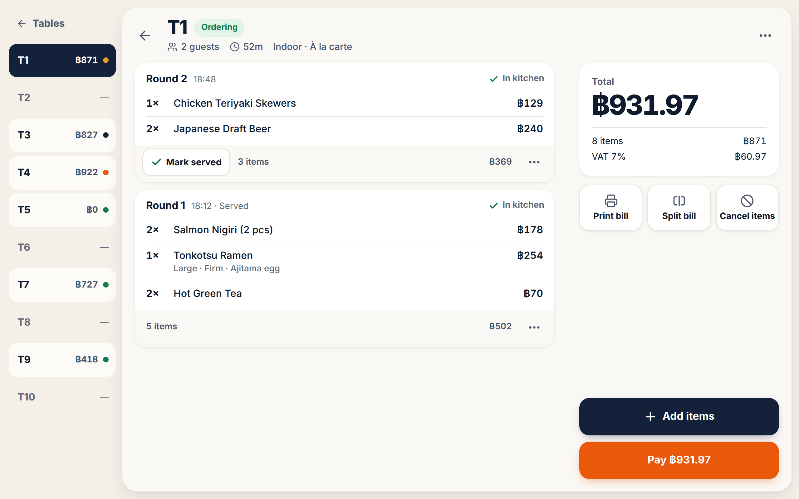 A table open in the BkkBoost Dine staff app — the ordered items in rounds, the total with VAT, and the Print bill / Split bill / Cancel items / Add items / Pay controls