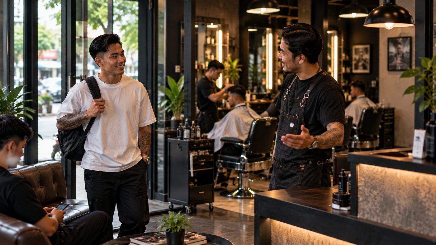 ลูกค้าเดินเข้ามาในร้านบาร์เบอร์และได้รับการต้อนรับที่เคาน์เตอร์