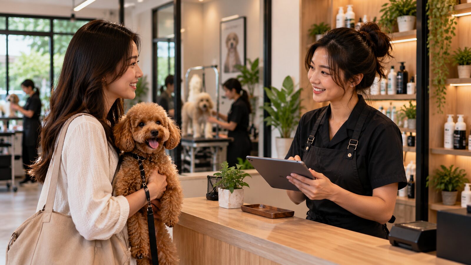 เจ้าของอุ้มสุนัขพุดเดิ้ลที่เคาน์เตอร์ร้านอาบน้ำตัดขนสัตว์เลี้ยง ขณะที่ช่างดูแท็บเล็ต