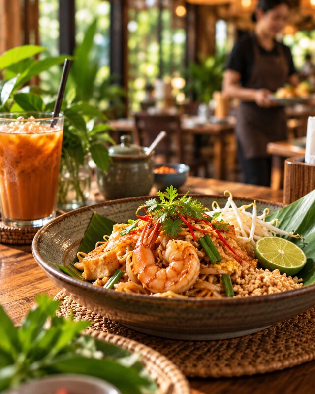 ภาพประกอบ: ผัดไทยกุ้งบนโต๊ะไม้ในร้านอาหาร