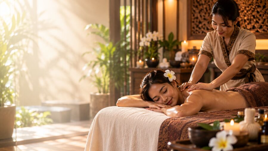 พนักงานนวดให้ลูกค้าในห้องทรีตเมนต์สไตล์ไทยที่สว่างและตกแต่งด้วยต้นไม้