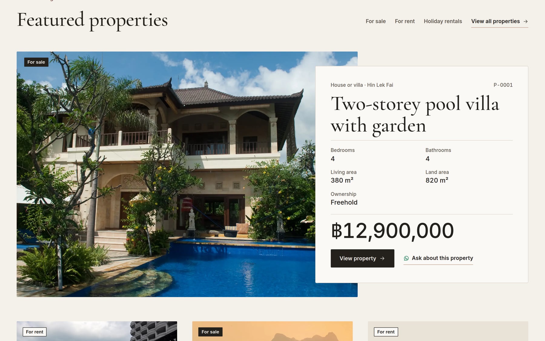 The Joules website preview — Featured properties: a two-storey pool villa with its details and price