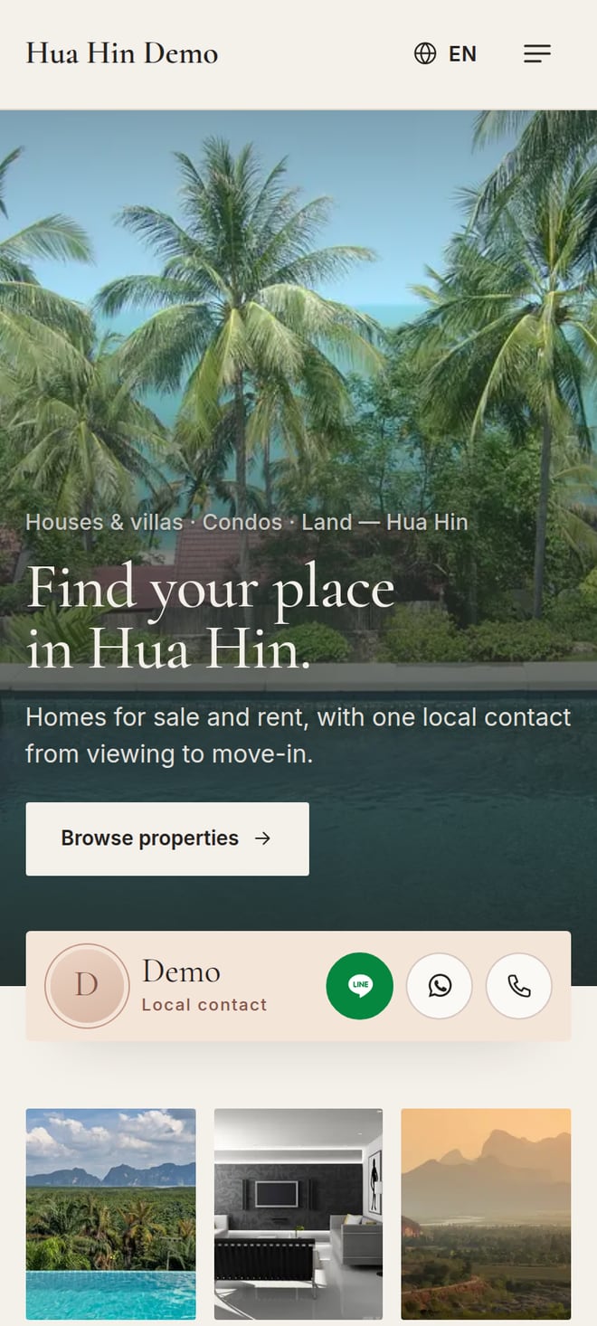 The Joules homepage preview on a phone: “Find your place in Hua Hin” over palm trees and a pool, with an example contact card