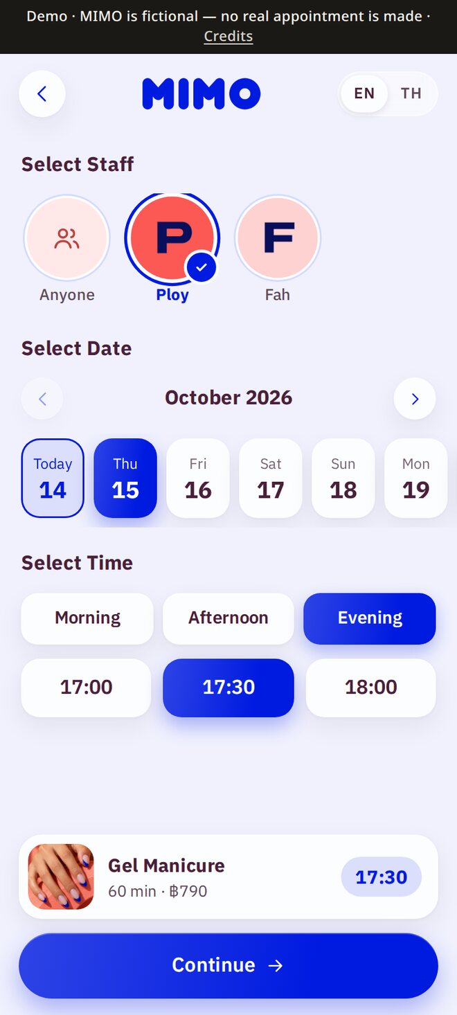 The BkkBoost Booking demo for MIMO on a phone: Gel Manicure selected, choosing an artist, date and time