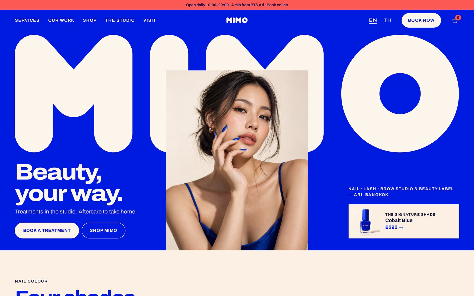 The MIMO homepage — “Beauty, your way.” beside a portrait with cobalt nails, under a giant MIMO wordmark