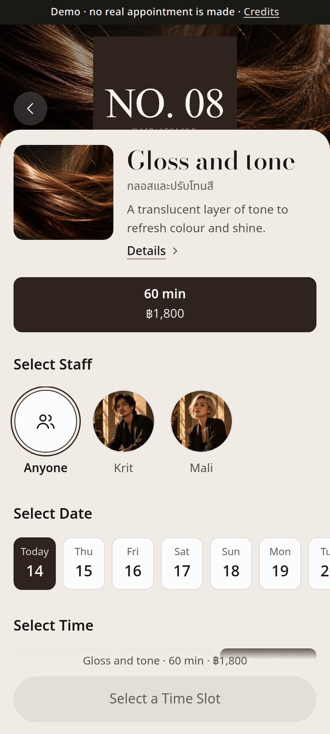 The BkkBoost Booking demo for NO. 08 on a phone: Gloss and tone selected, choosing a stylist, date and time