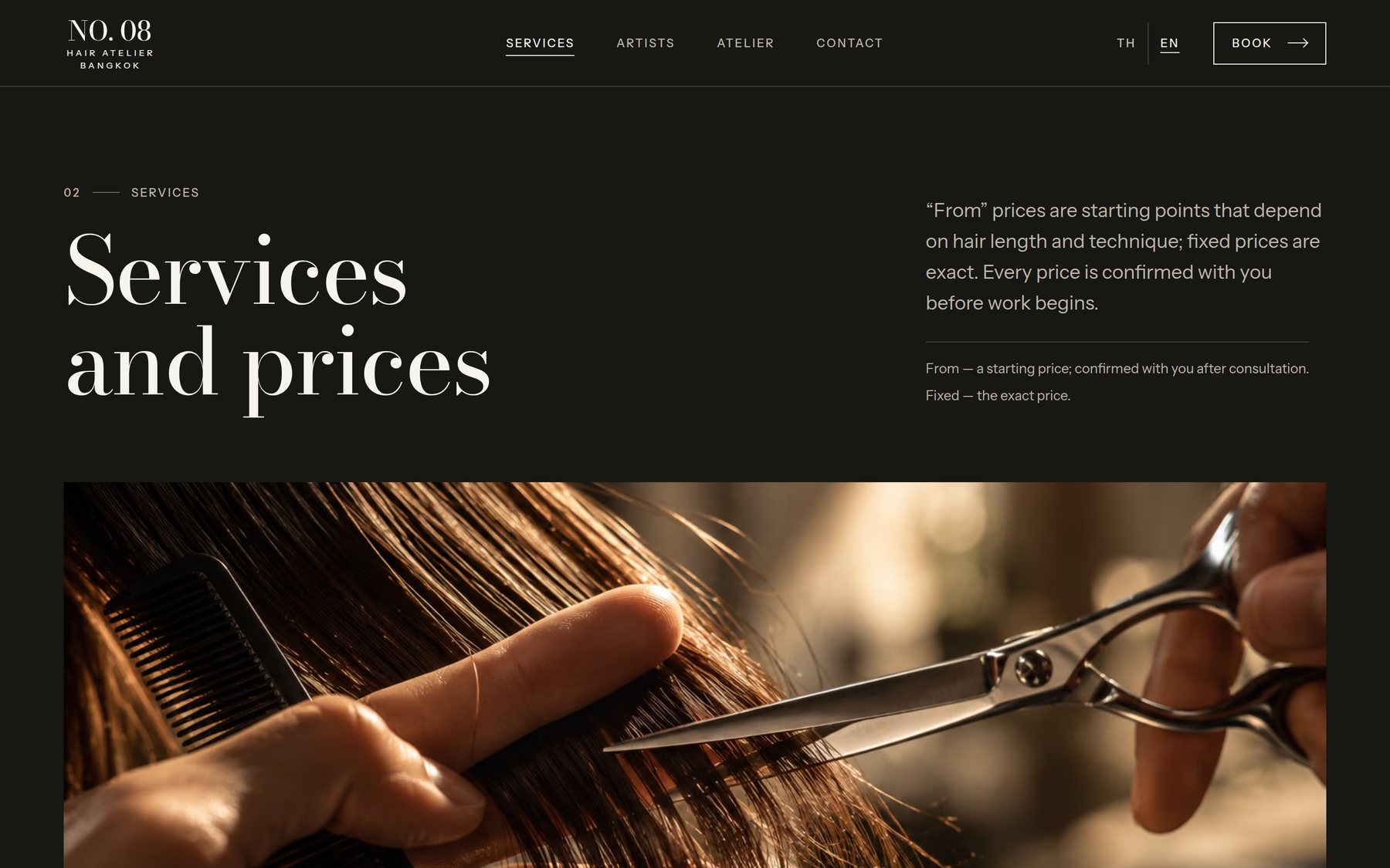 The NO. 08 Hair Atelier services page — “Services and prices” above a close-up of a haircut