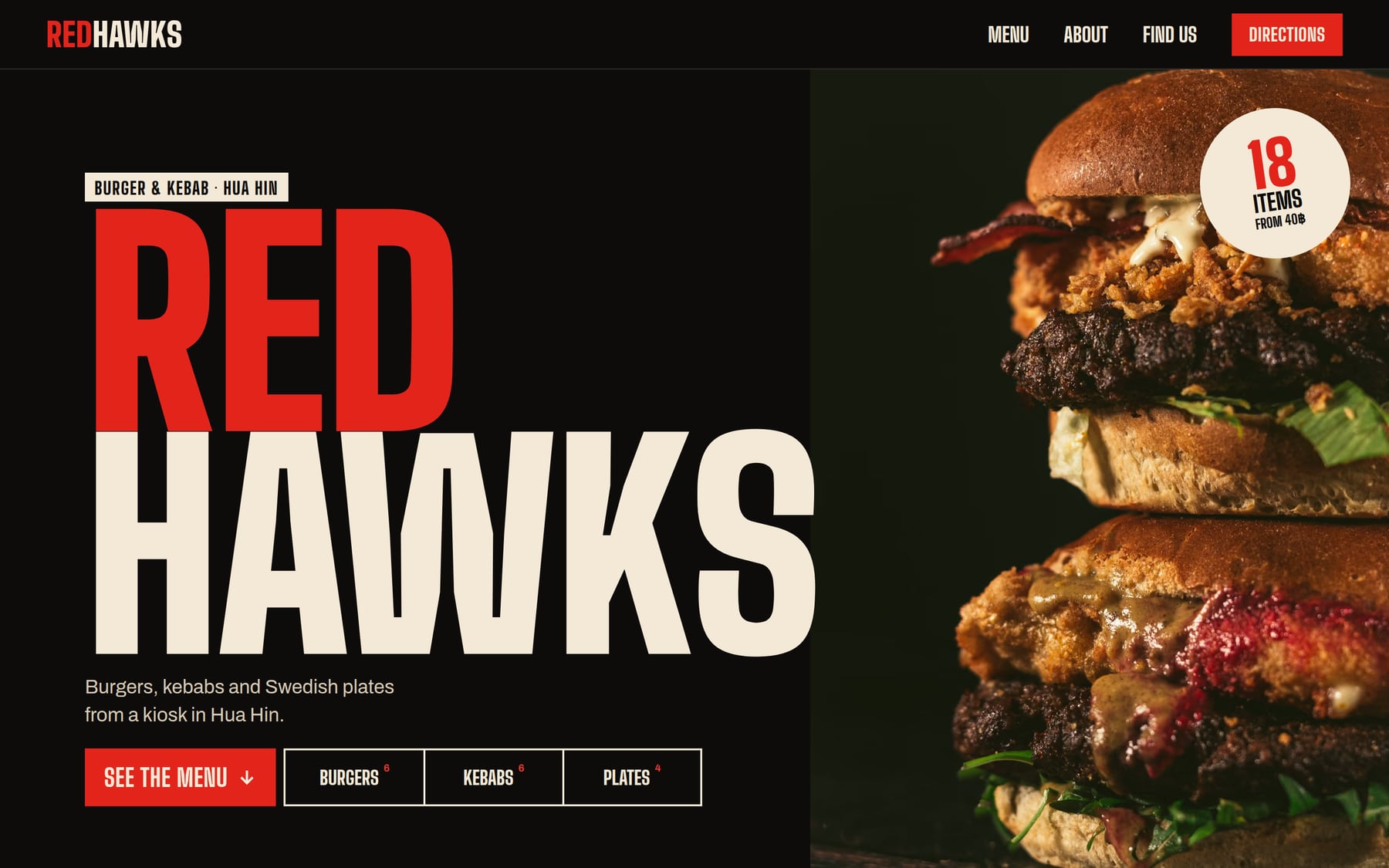 The RedHawks homepage — the RedHawks wordmark beside a stacked burger, with a See the menu button