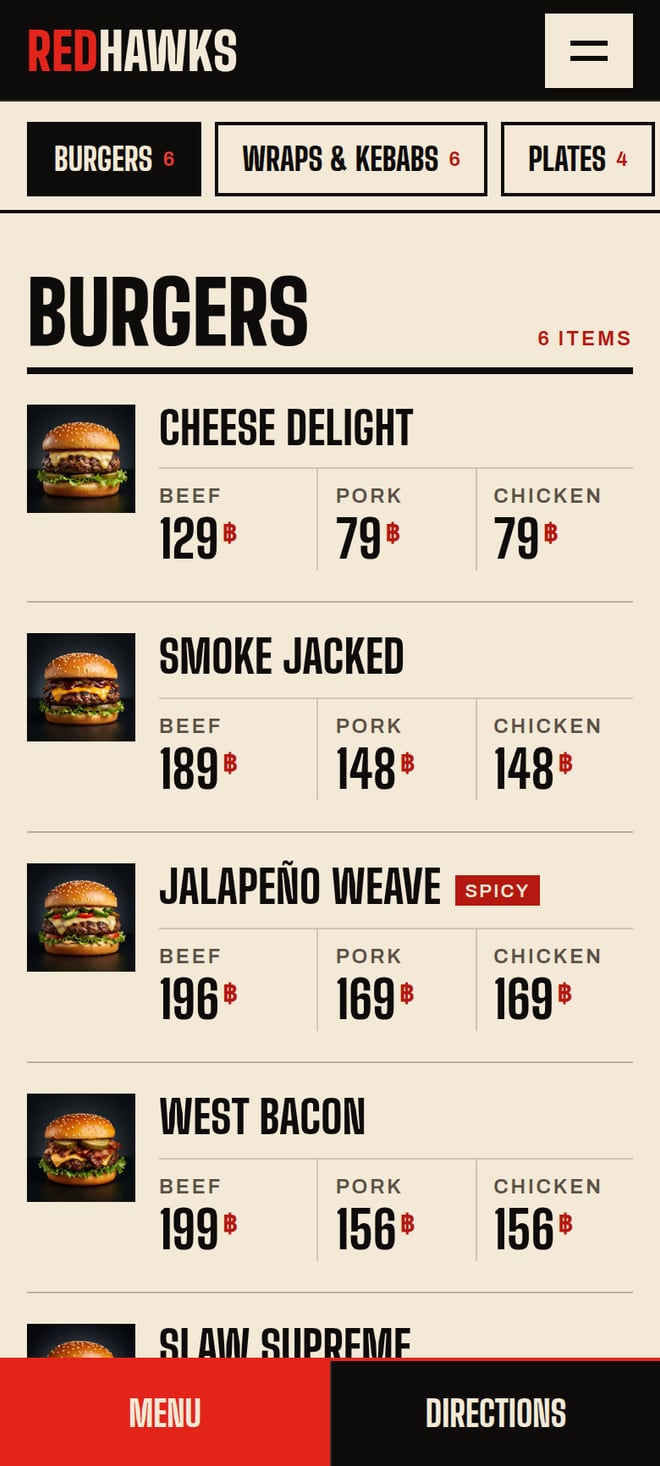 The RedHawks menu on a phone: burgers with beef, pork and chicken prices in baht