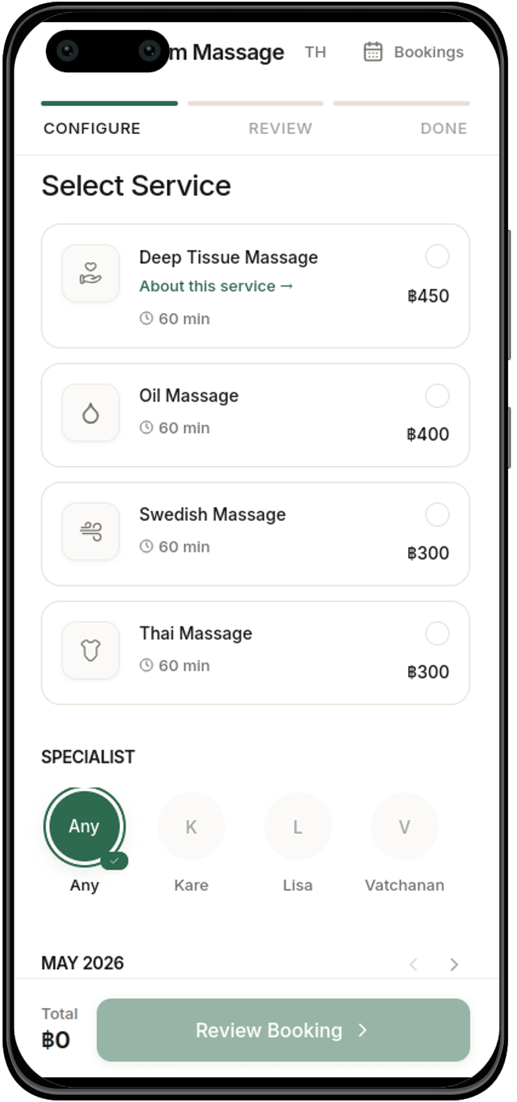 Siam Massage booking interface